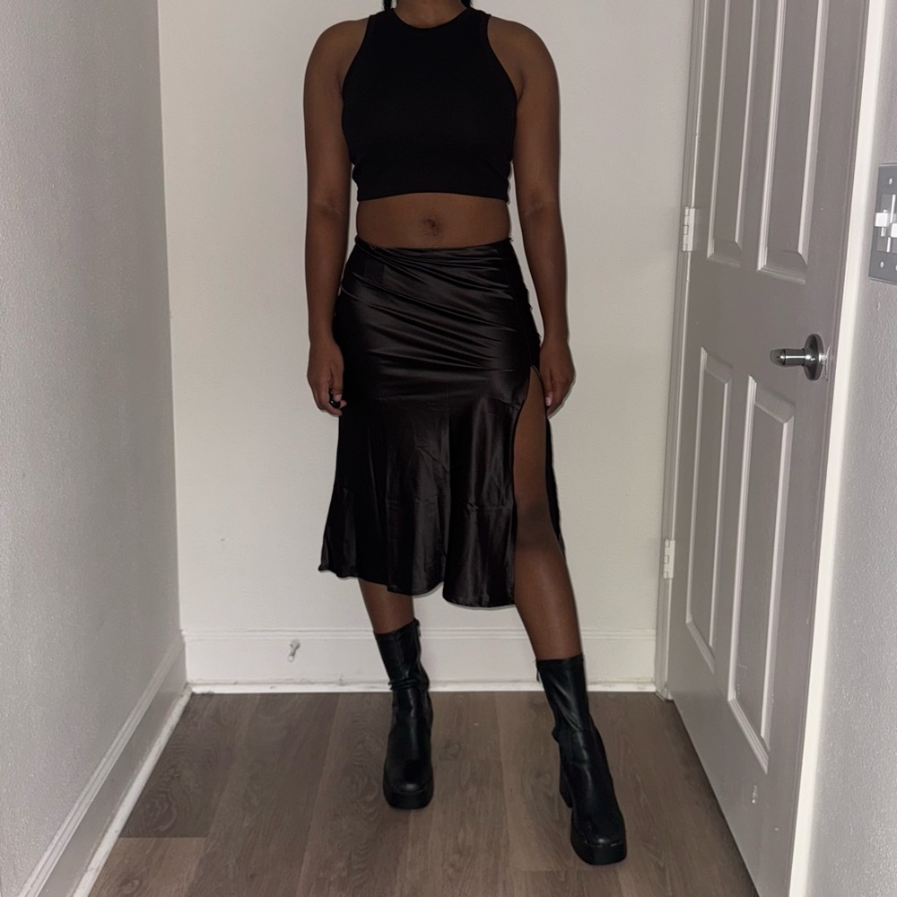 elegant black satin midi skirt